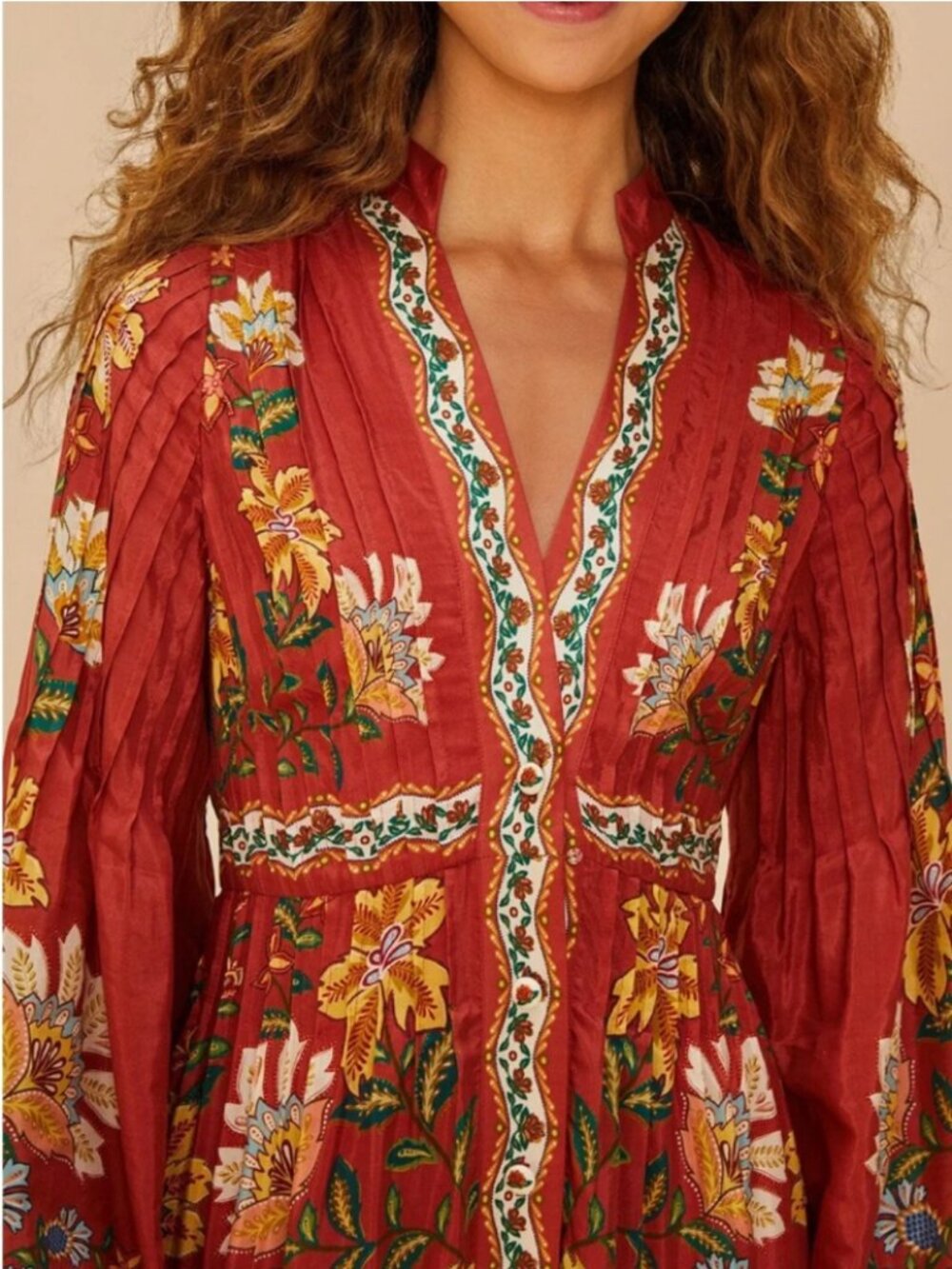 FARM RIO Red Garden Delight Long Sleeve Midi Dress - Picture 3 of 4